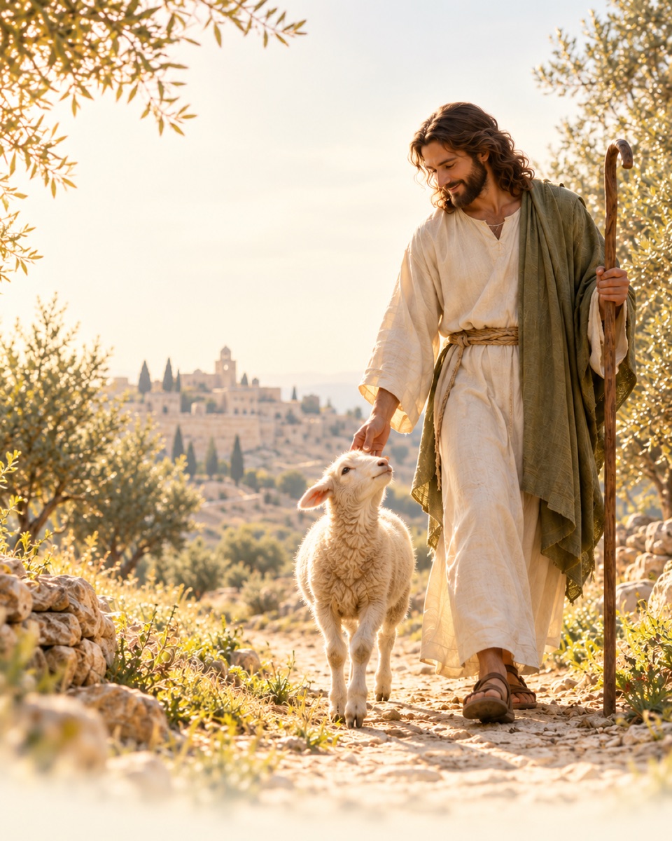 Jesus, the Good Shepherd, walking beside a lamb in a sunlit olive grove