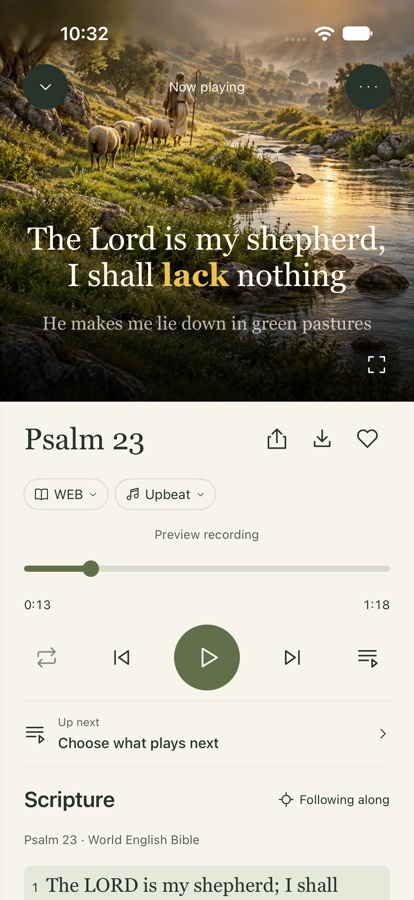 HolySong pre-release iPhone player showing Psalm 23, Upbeat, lyrics and full Scripture