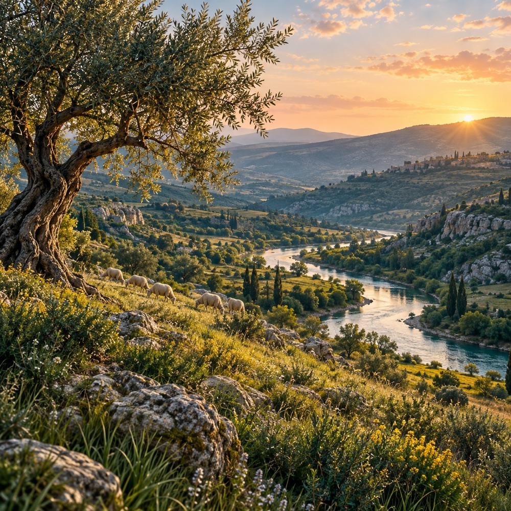 Shepherd and sheep beside still waters in a golden valley